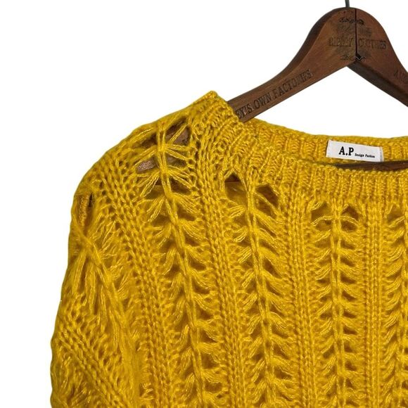 A.P Design Fashion Wool Blend Open Knit Distressed Sweater Mustard Yellow Large - Picture 4 of 9